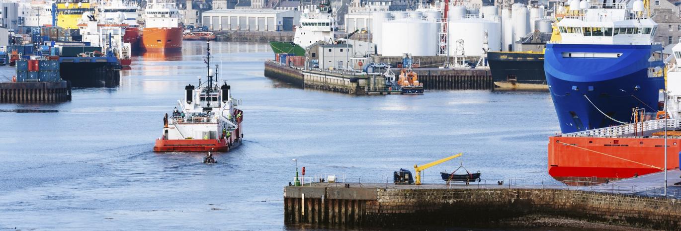 View of the Port of Aberdeen with shipped vessels and boats