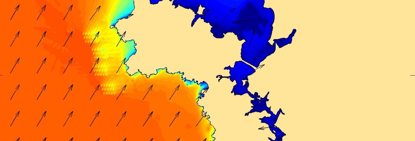 Screenshot of wave modelling in Telemac with orange, yellow and blue colours