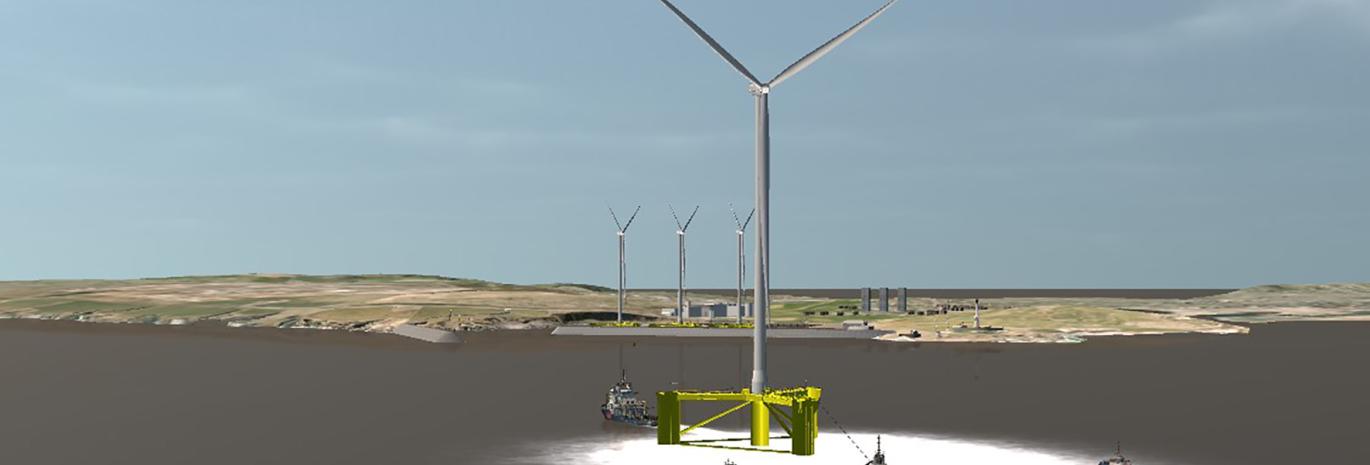 screenshot of computer image of floating wind turbine in sea