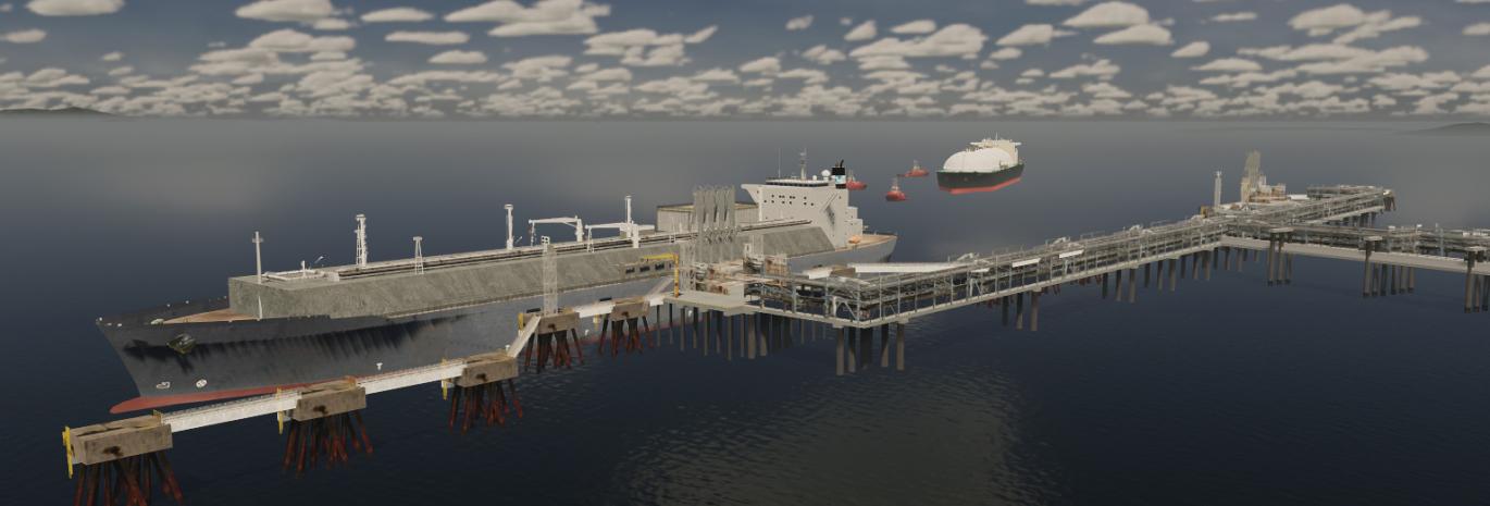 Screenshot of a numerical simulation of an moored hydrogen carrier ship