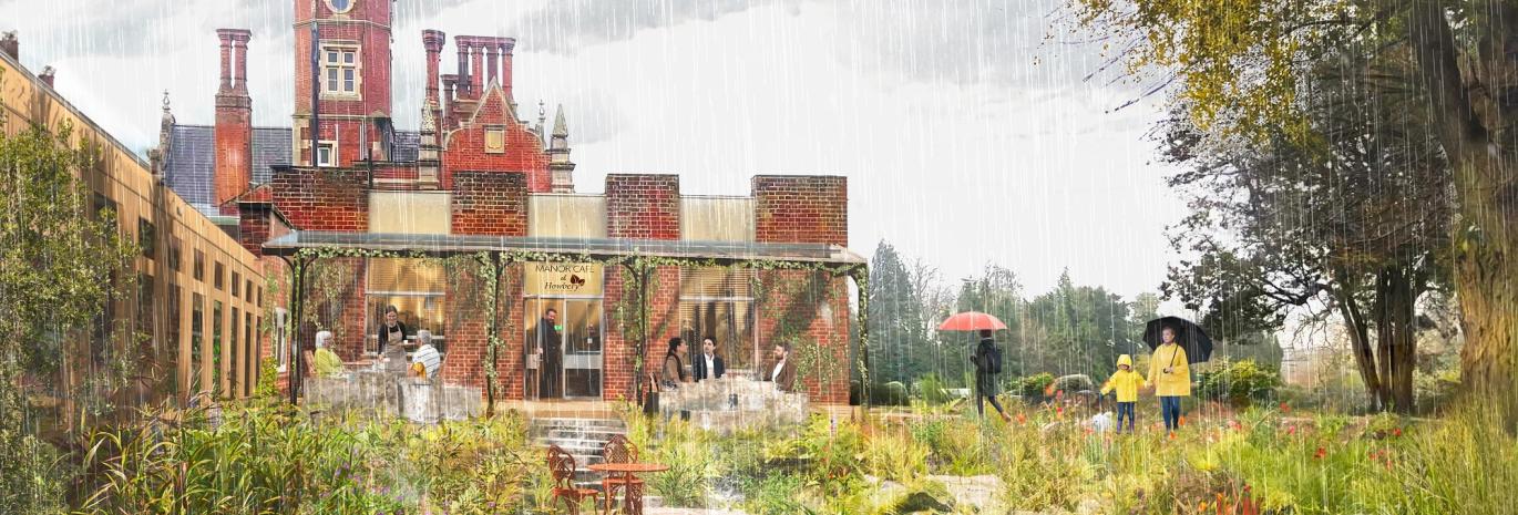 View of a flood resilient garden under rainy day