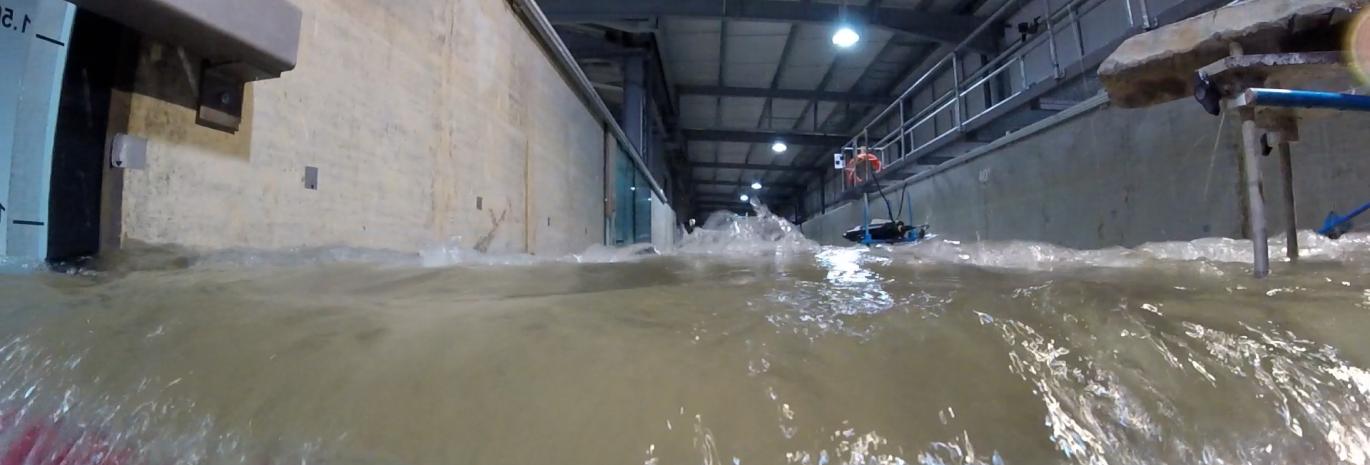 Simulated tsunami wave breaking in our labs