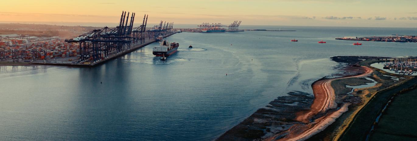 Aerial view of Felixstowe at sunrise, showcase of nature positive dredging