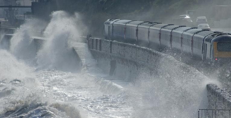 Waves overtopping the sea wall at Dawlish