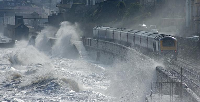 Waves overtopping the sea wall at Dawlish