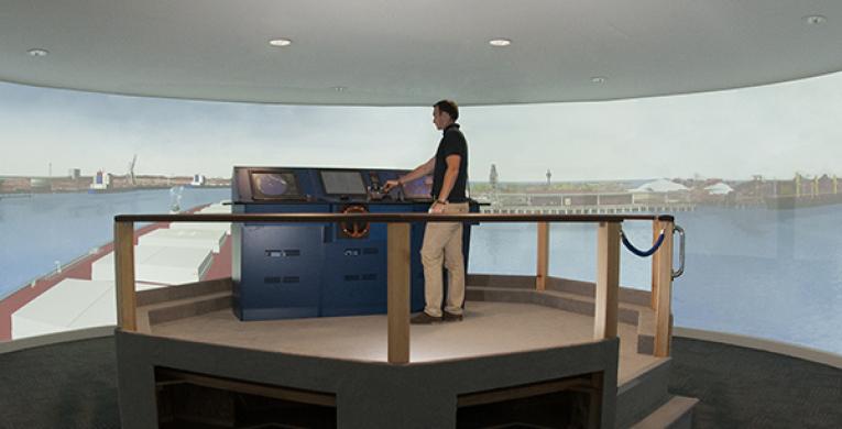 View inside the UK Ship simulator with screens