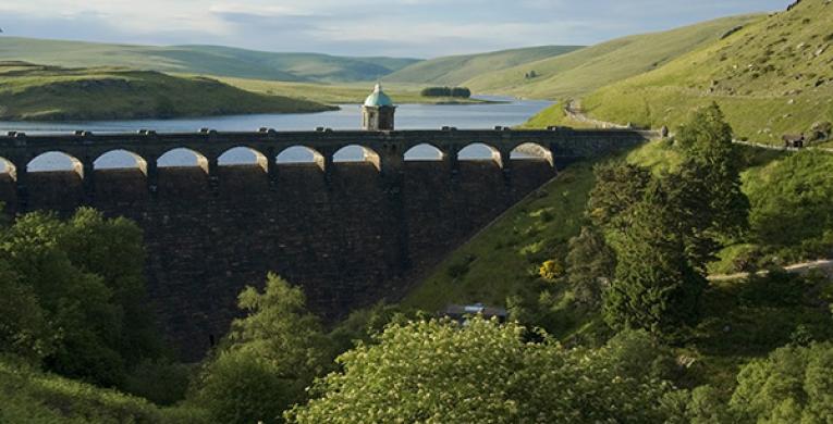 Aerial of reservoir behind Elan Valley dam in the UK