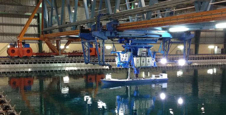 View of a towing carriage above physical models