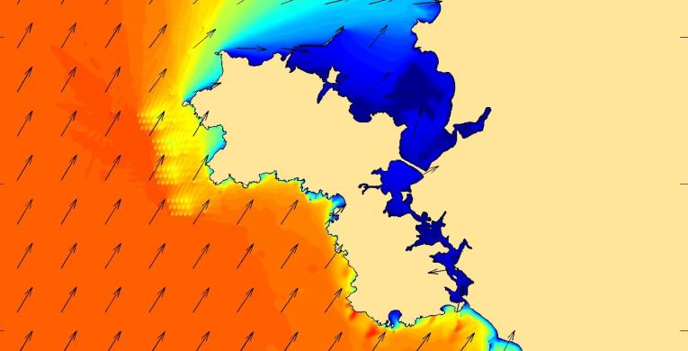 Screenshot of wave modelling in Telemac with orange, yellow and blue colours