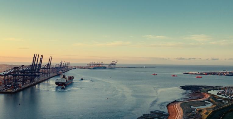 Aerial view of Felixstowe at sunrise, showcase of nature positive dredging